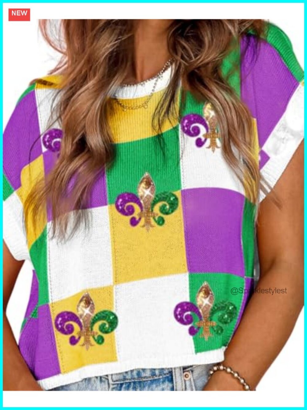 Mardi Gras Sequined Fleur de Lis Short Sleeve Crewneck Knit Sweater